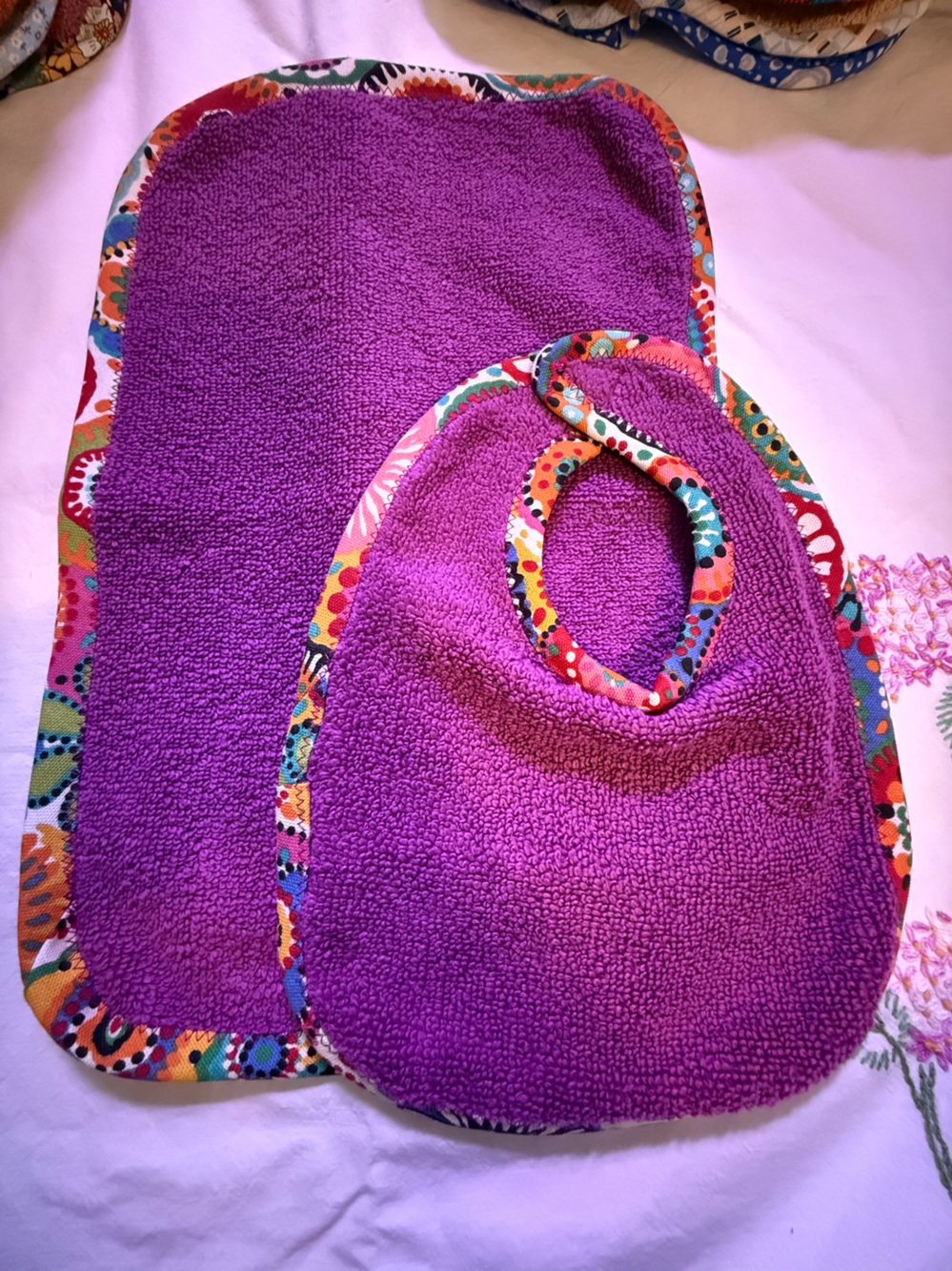 New Handmade Violet Terry Cloth Bib and Burp Cloth Set with Colorful Trim